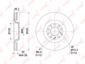 Диск тормозной AUDI A4 (97-08),A6 (97-05) передний вентилируемый (1шт.) LYNX BN-1209