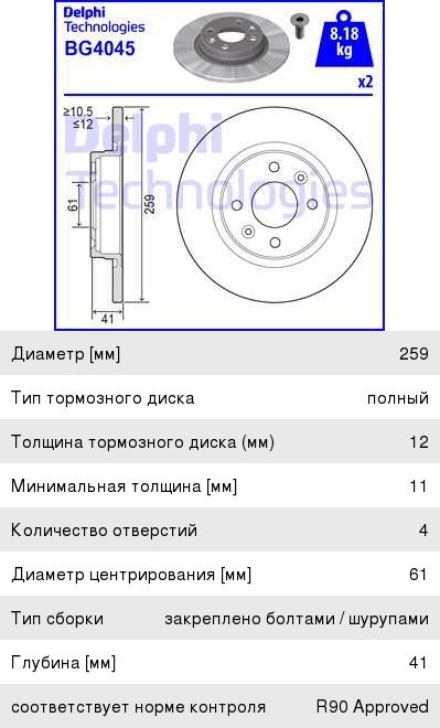 Диск тормоз. DELPHI BG4045 RENAULT LOGAN 12 мм 1шт BG4045
