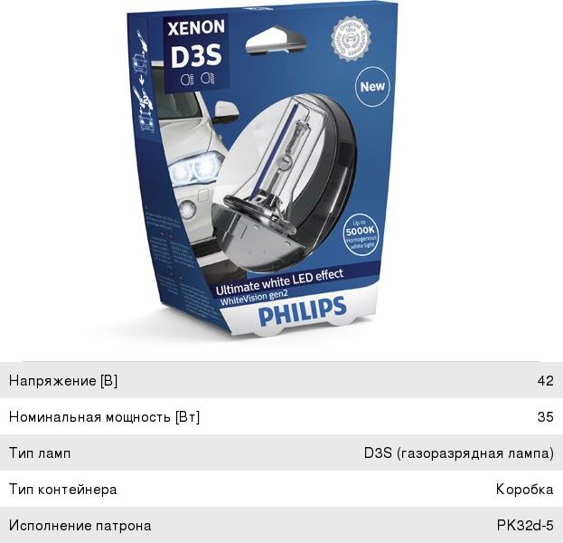 Лампа ксеноновая D3S 35W +120% PK32d-5 5000K Xenon White Vision Gen2 PHILIPS 42403WHV2S1, P-42403WHV2бл