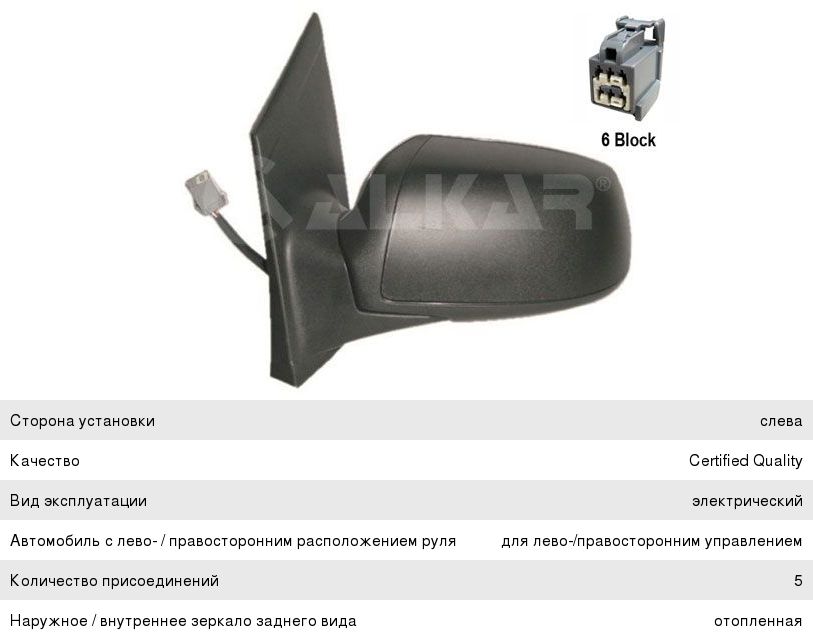 Зеркало боковое FORD Focus 2 левое электрическое с подогревом ALKAR 6121400, 3202513M, 1510871