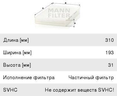 Фильтр салона MANN CU3192 УЦЕНКА CU3192