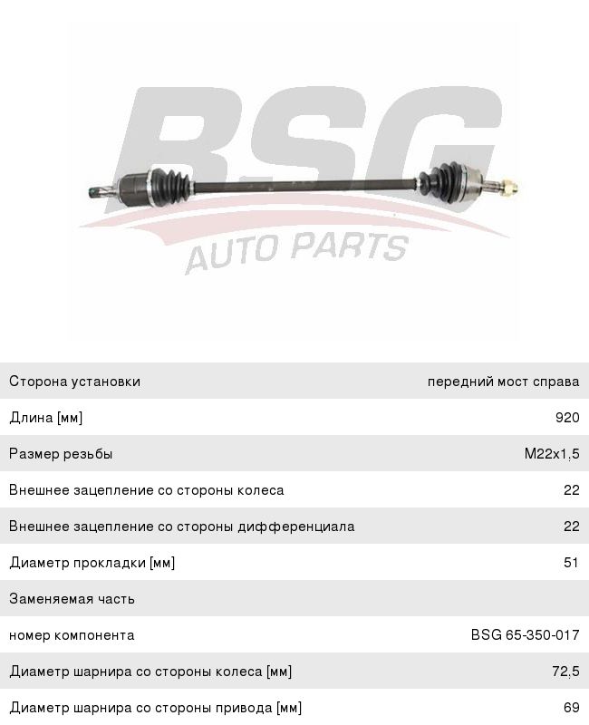 Вал привода OPEL Corsa D (06-) передний правый BSG BSG65350017, 13149829