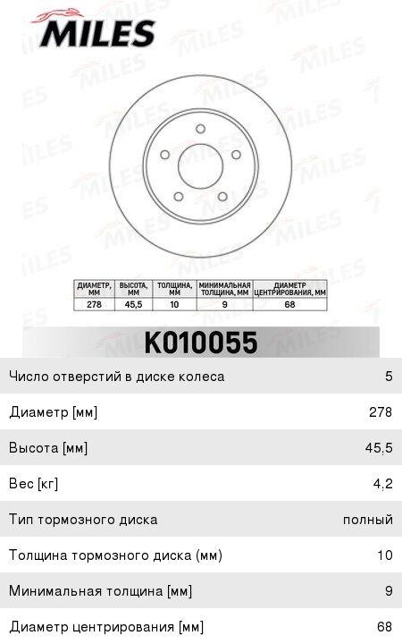 Диск тормозной NISSAN Almera Tino (00-),Primera (P12) задний (1шт.) MILES K010055, DF4357, 43206-4U101