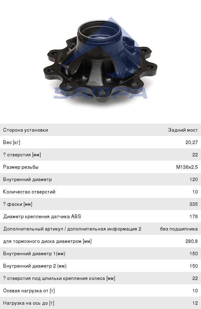 Ступица BPW (ECO) колеса прицепа (без подшипника) (10-12т) SAMPA 070.360, 10.10414/070.360, 0327243232