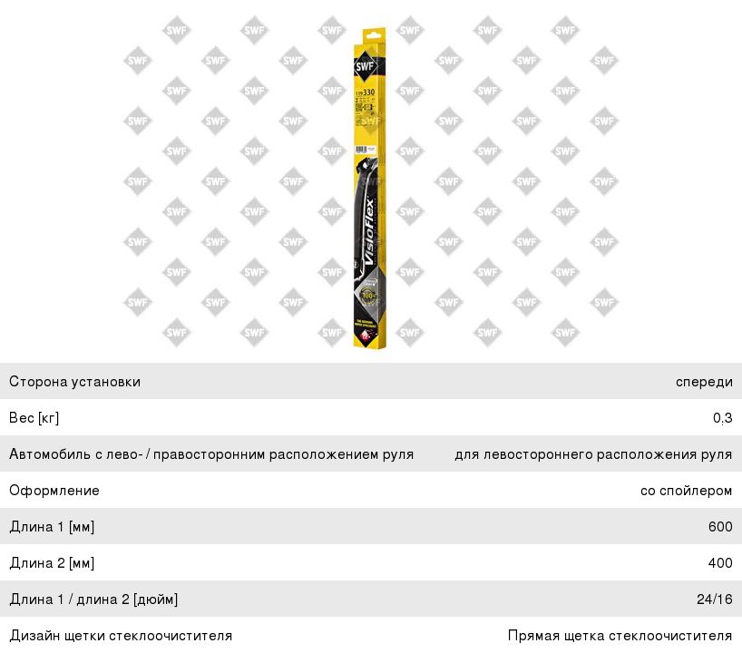 Щетка стеклоочистителя RENAULT Clio 3 (05-) 600/400мм комплект Visioflex (Уценка: упаковка) SWF 119330